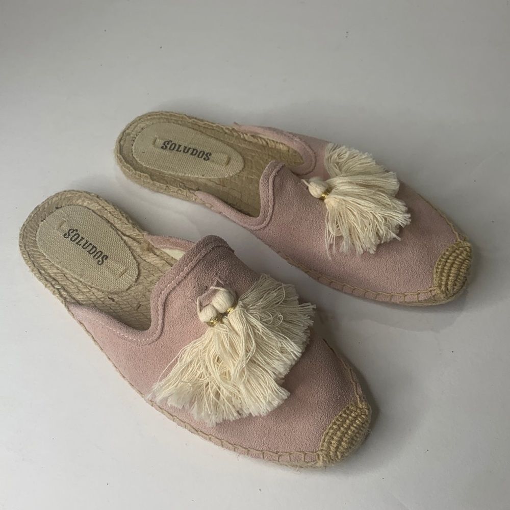 Soludos peony/pink suede tasseled espadrille mules